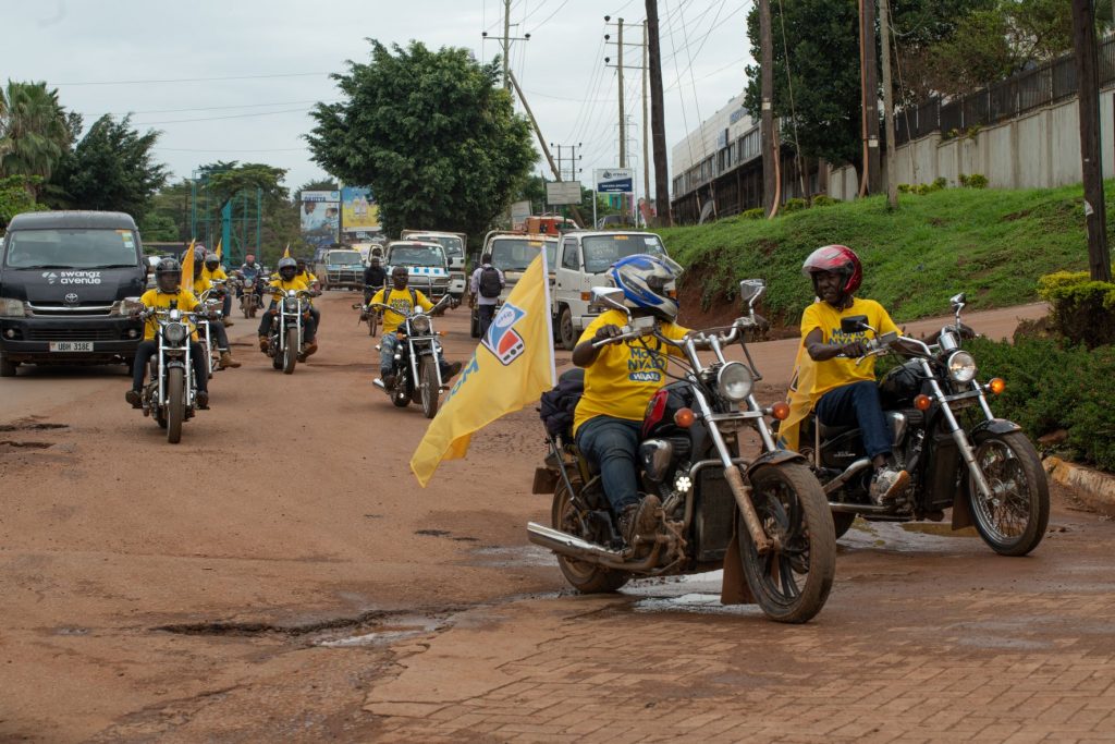 NEW POMP A motorcade leading the caravan of vehicles to be won during the MoMo Nyabo Waaka Promotion launched in Kampala today. MTN Customers can simply deposit UGX20000 to stand a chance to win a car