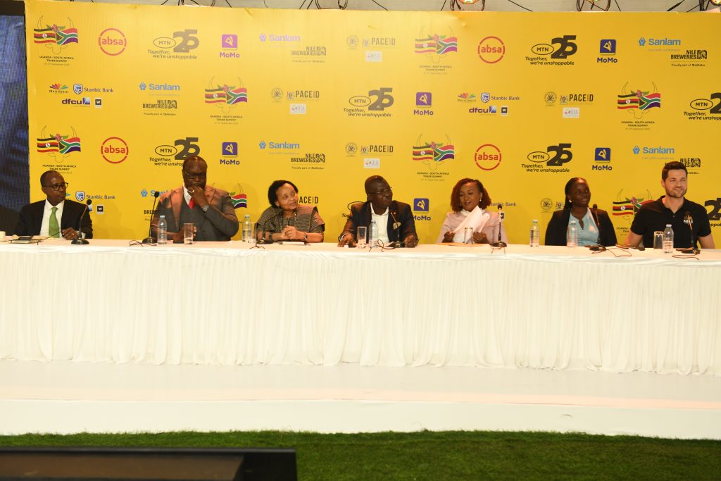 MTN Uganda CEO Sylvia Mulinge 3rd R and representatives from various entities that have opted to sponsor the Uganda South Africa trade and investment summit scheduled for next month in Kampala