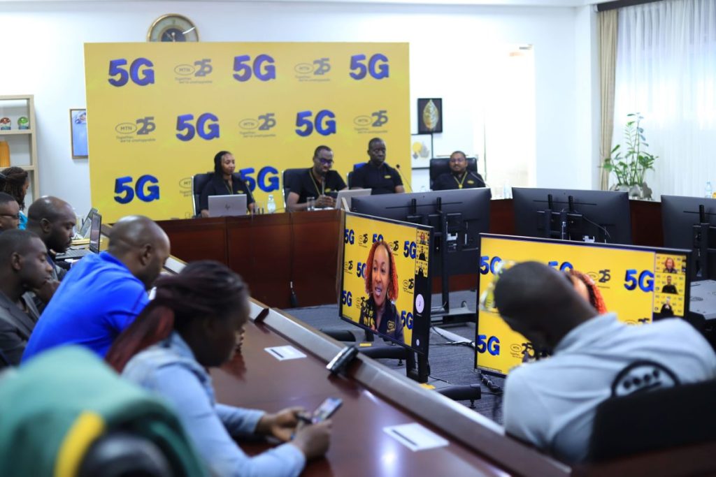 MTN Ugandas Chief Executive Officer Sylvia Mulinde speaking to the press during the initial of 5G from MTN Uganda scaled 1