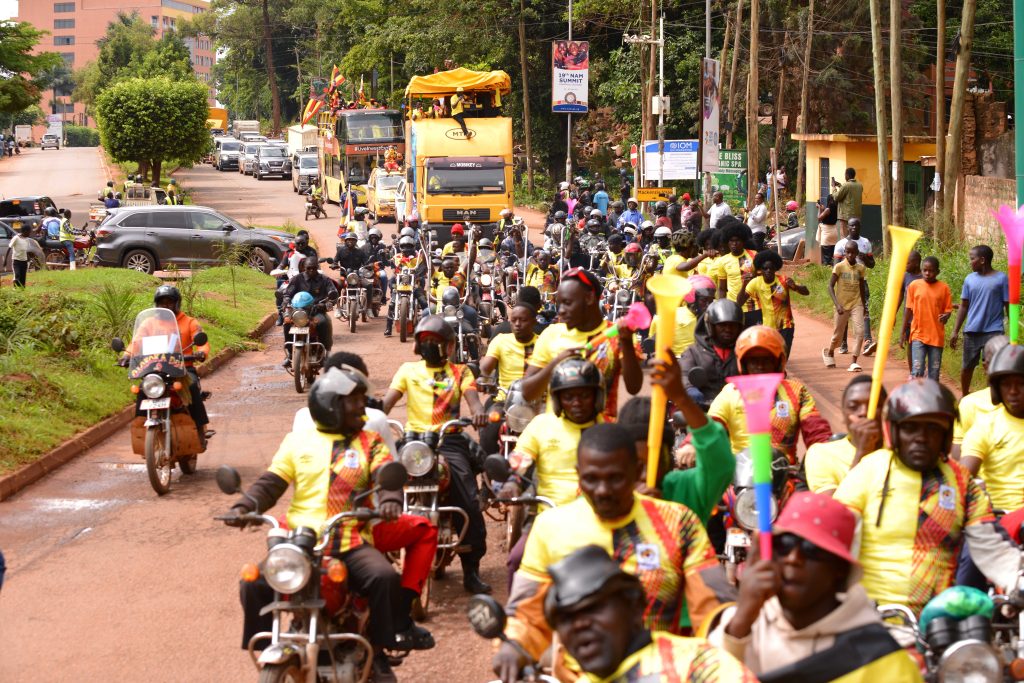 Part of the vibrant gathering of football and Uganda Cranes fans in the Uganda Fayaaa procession organised by FUFA and MTN Uganda